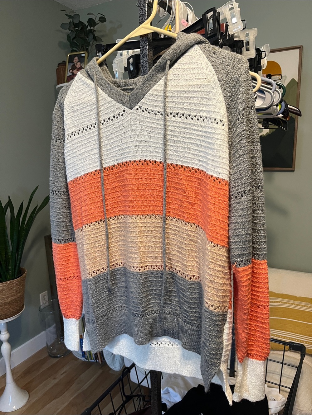 Striped Knit Hoodie sweater with Hood and Drawstrings - Gray, Cream, Coral